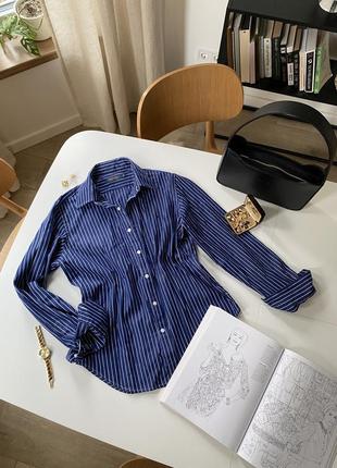 Синяя хлопковая рубашка в полоску polo ralph lauren размер l 12m 10 рубашка синяя1 фото