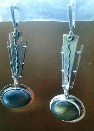 Дизайнерские серебряные оригинальные этно серьги 925 с шикарными лабрадорами