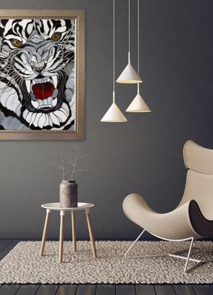 Картина "оскал білого тигра" вітражне скло тіффані1 фото