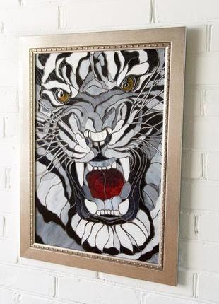 Картина "оскал білого тигра" вітражне скло тіффані6 фото