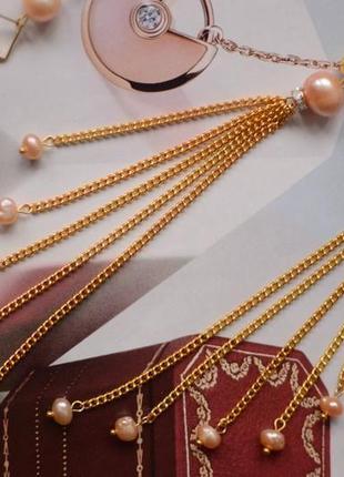 Сережки - ланцюжки з рожевим перлами "жозефіна"1 фото
