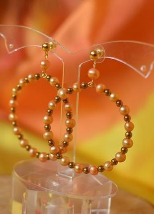 Сережки - кільця з перлами та гематитом "захід"2 фото