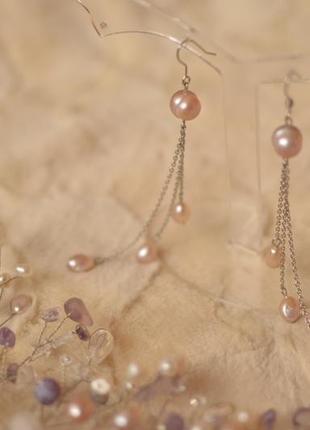 Сережки-ланцюжки з ліловим перлами 'попіл троянди'1 фото