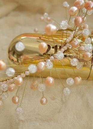 Весільний гребінь з рожевих перлів і кварцу 'сузір'я'1 фото