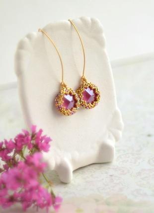 Мініатюрні рожеві сережки з кристалами сваровські2 фото