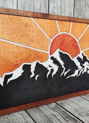 Картина деревянная 3д, 3d рассвет в горах