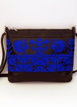 Черно-синяя сумка через плечо с ручной вышивкой, эко кожа1 фото