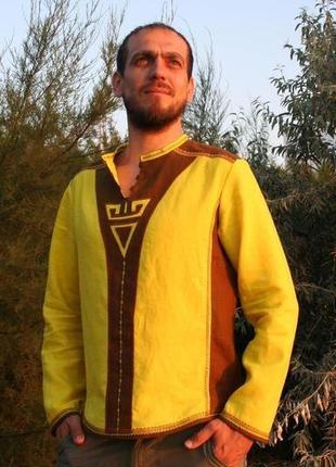 Льняная мужская рубашка с обережным символом велес2 фото