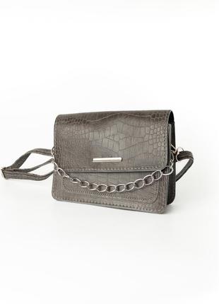Сумка женская из искусственной кожи "под крокодила", с цепочкой и ремешком, маленькая сумочка клатч, серый3 фото