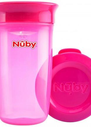 Чашечка 360 непроливайка nuby прозрачная с крышечкой розовая 300 мл (nv0414003pnk)