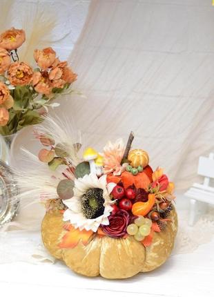 Декоративний осінній велюровий гарбуз з декором. гірчично-золотий з соняхом3 фото