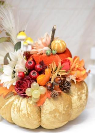 Декоративний осінній велюровий гарбуз з декором. гірчично-золотий з соняхом5 фото