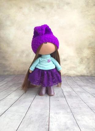 Інтер'єрна лялька гномик у фіолетовому капелюсі