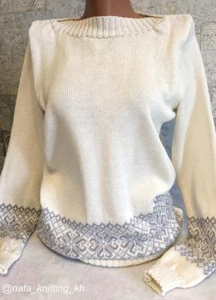 Шерстяной свитер молочного цвета с жаккардовым узором3 фото