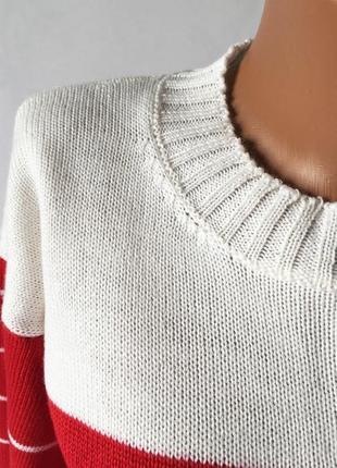 Яркий, полосатый, теплый, шерстяной красный с белым свитер.2 фото