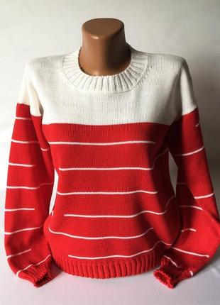 Яркий, полосатый, теплый, шерстяной красный с белым свитер.1 фото