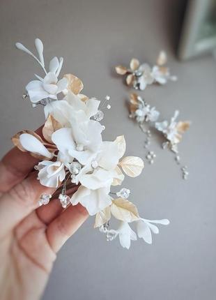 Весiльна гілочка з квітами айворі для волосся квіти в зачіску нареченої біла гортензія гребець з кв