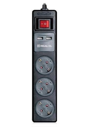 Удлинитель real-el rs-3 usb charge 1.8m черный