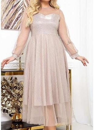 Платье вечернее батал nobilitas 50 - 54 пудра трикотаж с люрексом и сеточка (арт. 19075)
