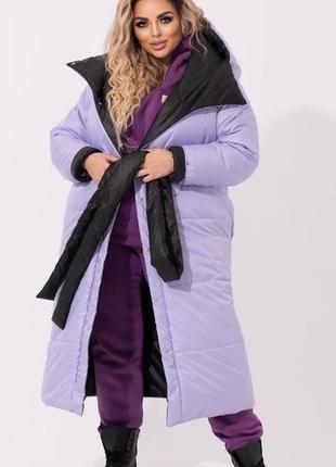 Пальто двухстороннее женское батал nobilitas 48 - 58 лиловое черное стеганная плащевка (арт. 210422 фото