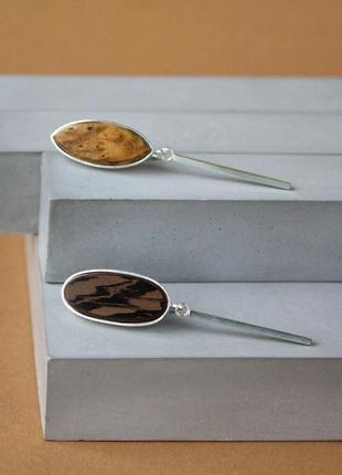 Асиметричні довгі срібні сережки з деревом4 фото
