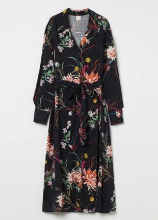 Новое вискозное платье миди h&m цветочное платье - рубашка пояс принт цветы вискоза4 фото