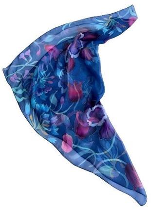 Ручний розпис шовкова хустка ′ квіти на синьому шифоні′ 70*70.9 фото