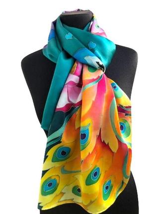 Ручний розпис шовковий шарф ′павлін, магнолії′, шовк атласний, 180*43.3 фото