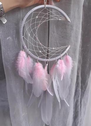 Ловец снов полумесяц  луна нежный розовый подарок для девочки оберег декор для дома4 фото