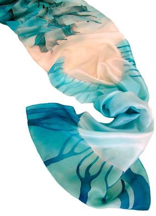 Батик шарф утро ноября, бирюзовый шелковый шарф1 фото