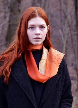Вузький шовковий шарф з розписом довгий червоний шарф7 фото