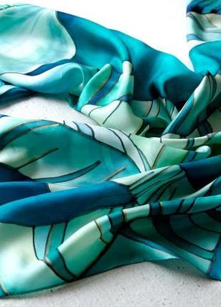 Шелковый шарф батик изумрудный тропические листья8 фото