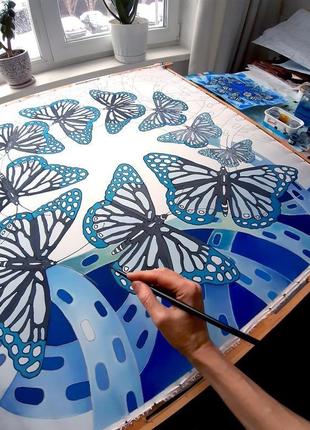 Синий шелковый платок с ручной росписью батик платок бабочки подарок мамуле5 фото