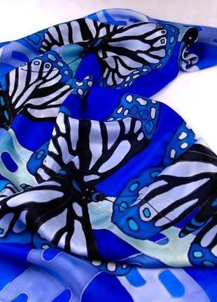 Синя шовкова хустка з ручним розписом батік хустка метелики подарунок матусі3 фото