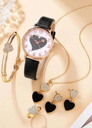 Набор часов серьги кольцо цепочка с кулоном браслет черные сердечки3 фото
