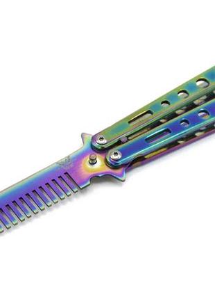 Складная расческа - бабочка, балисонг учебный безопасный тренировочный тупой нож для ребёнка 278,радужный sp