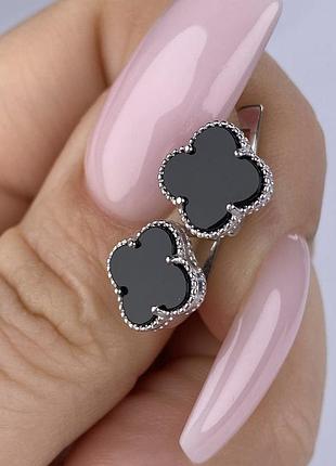 Срібні сережки конюшина чорні д.11