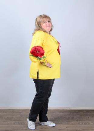 Вишиванка жіноча з довгим рукавом - реглан, вишивка - маки, онікс, колір - жовтий.3 фото