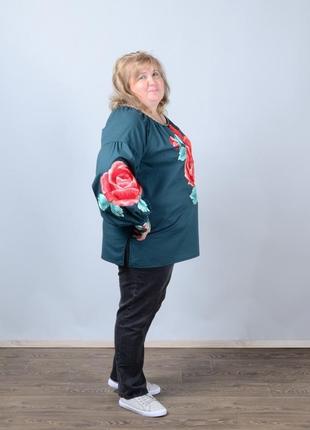 Вышиванка женская с длинным рукавом - реглан, вышивка - розы, поплин, цвет - темно зеленый (морская4 фото