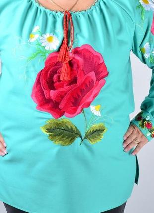 Вышиванка женская с длинным рукавом - реглан, вышивка - роза, оникс, цвет - мятный.4 фото