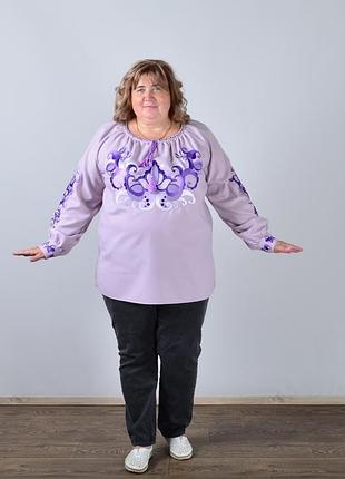 Вышиванка женская с длинным рукавом - реглан, вышивка - цветочный узор, оникс, цвет - фиолетовый.