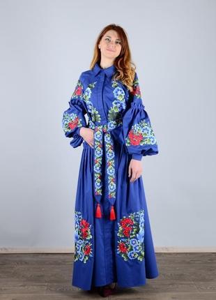 Платье с рукавом реглан, из поплина, с вышивкой - петриковка, с застежкой на потайных пуговицах, цве
