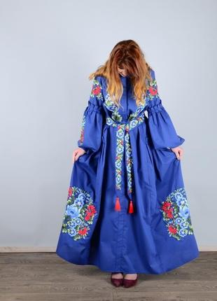 Плаття з рукавом реглан, з попліну, з вишивкою - петриківка, із застібкою на потайних гудзиках, колі5 фото