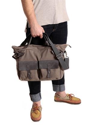Мужская сумка через плечо из голубого канваса и кожи3 фото