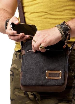 Мужская сумка небольшого размера из канваса и натуральной кожи, серый графит2 фото