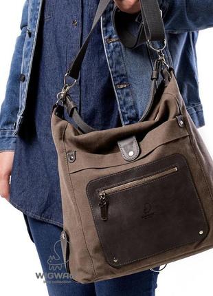 Женская сумка из натуральной кожи и канваса серый графит7 фото