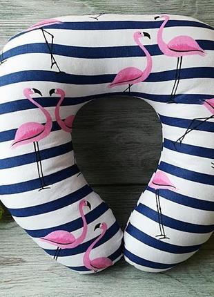Подушка для путешествий в дорогу для авто u образной формы "розовый фламинго на синих полосках", 411 фото
