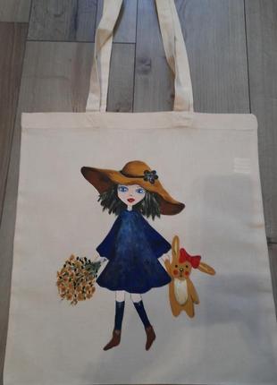 Эко-сумка из хлопка девочка  с зайкой