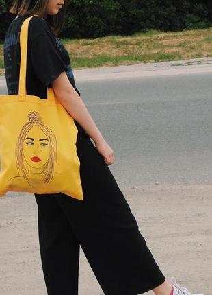 Эко-сумка из хлопка девушка на желтом