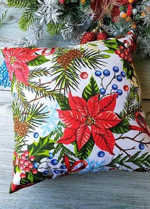 Декоративна подушка новорічна гіпоалергенна для декору "пуансетія на білому", 35 см * 35 см
